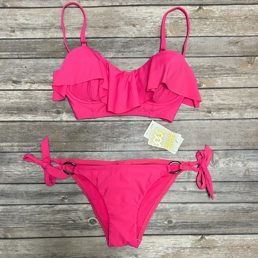 Swim Systems Pink Flounce Push Up Underwire Side Tie Rings Bikini NWT Small
